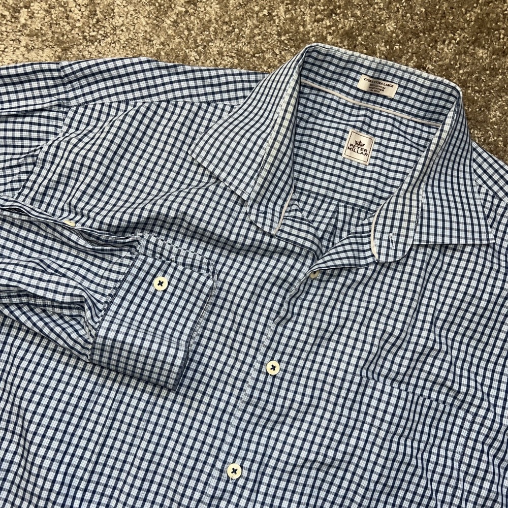 Peter Millar Men's Blue Plaid Long Sleeve Button Down Shirt XXL 100% Cotton Logo